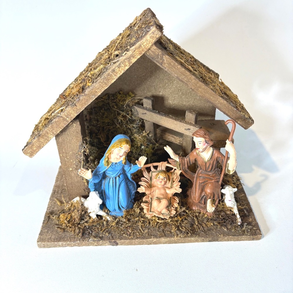 Vintage Made in Italy Nativity Set Wooden Manger Creche Holy Family Christmas